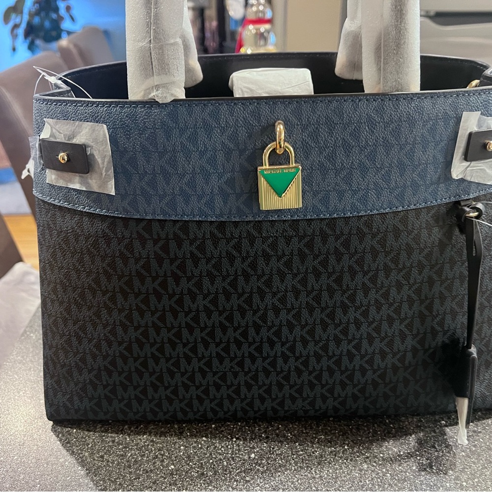 Michael Kors Black and Navy Handbag with Gold Accent